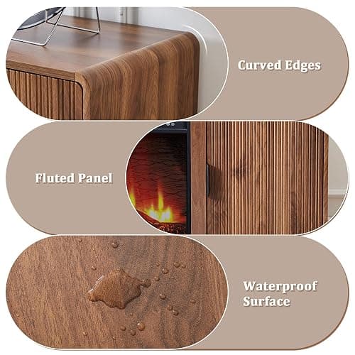 BERRYMERRY 60inch Fireplace TV Stand with 23" Electric Fireplace Heater,Mid Century Modern Fluted Entertainment Center for TVs Up to 75" for Living Room, Bedroom (Brown with Fireplace) thumbnail 8