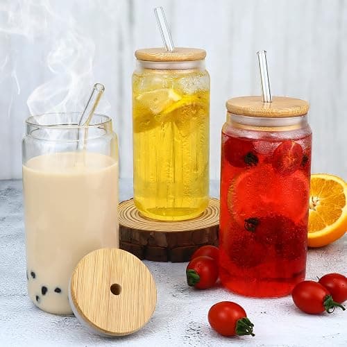 Glass Cup with Lids and Straw, 16oz Glasses Cups with Bamboo Lids and Straws Set of 6 Beer Glass Iced Coffee Glasses Cute Tumbler Cup for Fruit Juice, Smoothie, Boba Tea, Water thumbnail 2