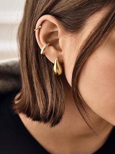 Small Teardrop Gold Chunky Earrings for Women,Thick Gold Plated Hoop Hypoallergenic Water Drop Earring Dupes for Women 18MM thumbnail 9