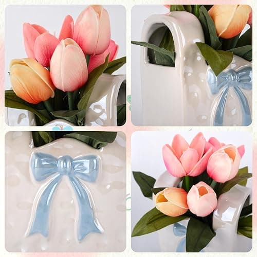 FLOROAD Spring Decor, Artificial Tulips in Ceramic Vase Spring Easter Table Centerpiece for Home Indoor Table Shelf Mantel Living Room Bathroom Bedroom Dining Coffee Bar Kitchen Decoration thumbnail 5