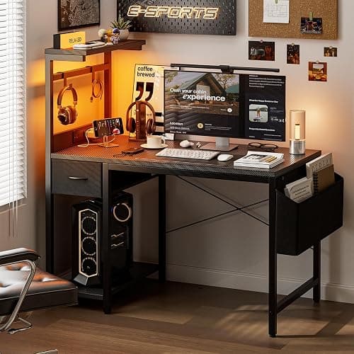 Grandder Gaming Desk 47 Inch with Power Outlet and LED Light, Computer Desk with Reversible Shelves and Storage Drawer, Pc Small Desk for Home Office Table with Bag, Carbon Fiber Black thumbnail 2