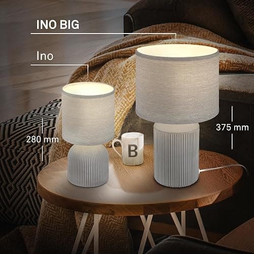 BRILONER - Tischlampe mit Stoffschirm, Kabelschalter, Keramikfuß, Lampe, Nachttischlampe, Tischleuchte, Dekolampe Flur, Bürolampe, Leselampe, Wohnzimmer, Schlafzimmer, 15x28 cm (DxH), Grau thumbnail 3