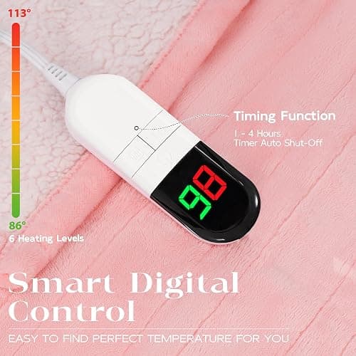 PTQ Heated Throw Blanket 50"×60" - Premium Cosy Soft Electric Blanket with 6 Heating Levels,Fast Heating Flannel Sherpa Blanket for Bed & Couch - Auto Shut Off/Machine Washable Blanket (Pink) thumbnail 4