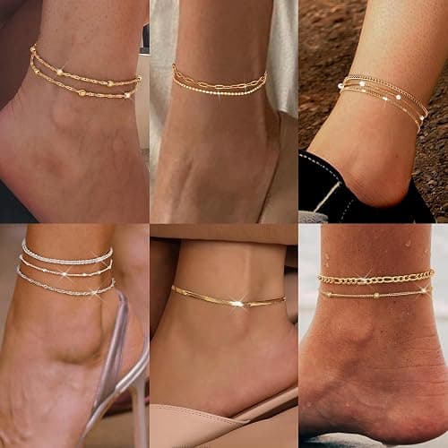 LOYALLOOK Ankle Bracelets for Women Waterproof, 14K Gold Plated Cuban Figaro Link Chain Beaded Anklets Set, Dainty Layered Anklets for Women Non Tarnish Summer Beach Foot Jewelry Adjustable Size - Image 1