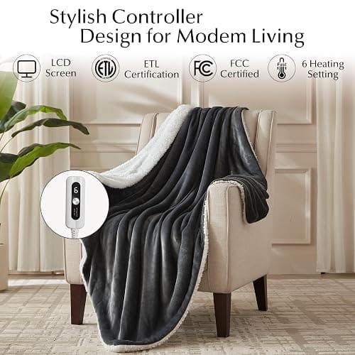 SNUGSUN Electric Heated Blanket Throw Size, Soft and Cozy Thickened Flannel and Sherpa Electric Blanket for Bed, Automatic Safety System 6 Heating Levels & 10 Hours Auto-Off, 50"x60" Slate Grey thumbnail 2