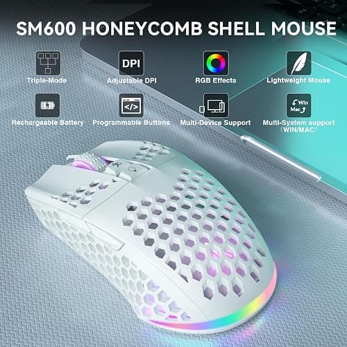 SOLAKAKA SM600 White Wireless Gaming Mouse,Tri-Modes BT5.1/Type-C Wired/2.4G Wireless Mouse with 2 Side Buttons, Programmable Macro Gamer Mouse with RGB Light for Laptop/PC/Mac thumbnail 2