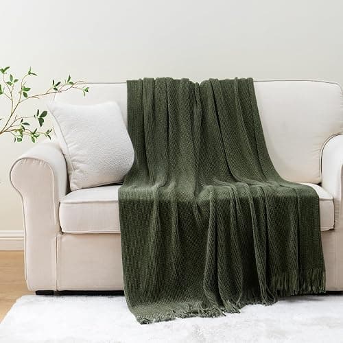 BATTILO HOME Olive Green Throw Blanket for Couch, Soft Chenille Knit Throws with Tassels for Home Decor, Green Blankets and Throws for Bed Couch Cover, 60"x80" thumbnail 2
