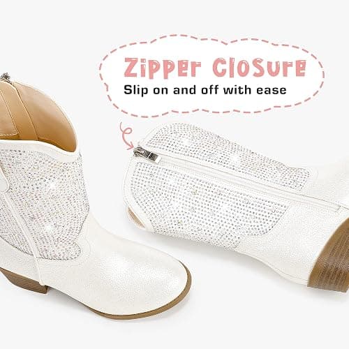 Motasha Rhinestone Sparkly Girls Cowgirl Cowboy Boots Little Kids Dress Boot Pointed Toes Low Heel Mid Calf Zipper Party Birthday Toddler to Big Kid thumbnail 5