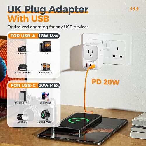 TESSAN UK Adapters for Travel, US to UK Ireland Plug Adapter 20W, Foldable | Power Adaptor, 4 Outlets 3 USB(PD 20W 1 USB C), Type G for USA to Scotland London England Hongkong Dubai Irish thumbnail 5