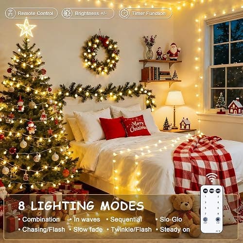 JMEXSUSS 100 LED Connectable Globe String Lights Indoor Bedroom, 33ft Warm White Christmas Lights Plug in with Remote, 8 Mode Hanging Fairy Lights Outdoor for Room Classroom Party Tree Christmas Decor thumbnail 3