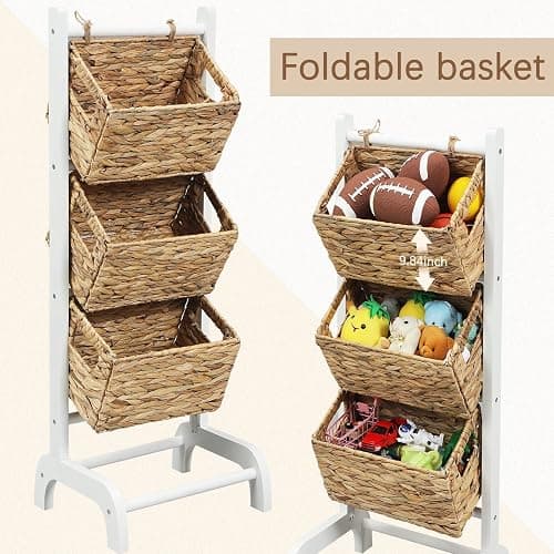 Menkxi Wicker 3 Tier Foldable Storage Basket Floor Rack with Market Storage Basket Water Hyacinth Storage Rack Hand Woven Laundry Rack for Bathroom Kitchen Laundry Room Living Room Storage(White) thumbnail 5
