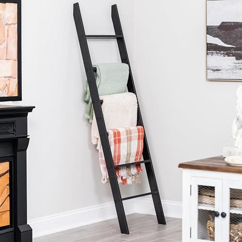 Blanket Ladder for the Living Room and Bedroom, Quilt Rack, 6-Tier, Black | 5ft 8 inch, Wall Leaning Blanket Holder, Laminate Snag Free, Rustic Decorative Farmhouse Ladder Shelf for Blankets thumbnail 8