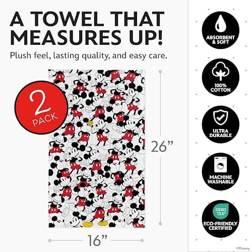 Disney Kitchen Towels – 2-Pack 100% Cotton Kitchen Towels Set – 16" x 26" Soft & Absorbent Dish Towels – Mickey, Minnie & Stitch Designs – Durable, Machine Washable (Mickey Mouse) thumbnail 2