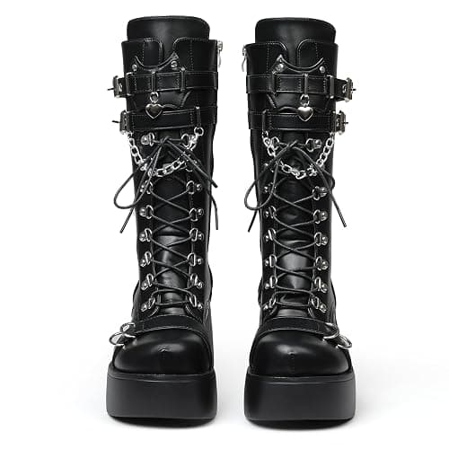 Yremael Women's Black Platform Boots Wedge Combat Gothic Chunky Heel Lace Up Mid Calf Punk Motorcycle Shoes thumbnail 4