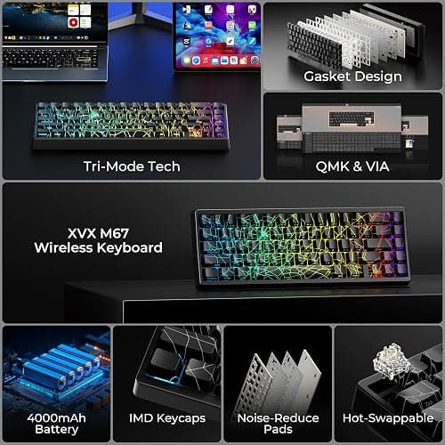 HITIME x XVX M67 60% Percent Keyboard Wireless, QMK/VIA Black Spider Web Gaming Keyboard, Tri-Mode Thocky Creamy Mechanical Key Board, Hot Swappable Gasket Mount RGB IMD Tech for Win/Mac thumbnail 2