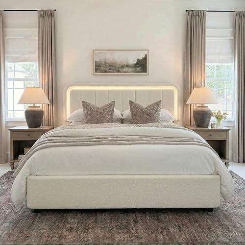 Brafab King Bed Frame, Storage Bed Frame King Size with Adjustable Headboard, Cloud Boucle Upholstered Platform Bed with LED Light, Soft Rounded Corners, No Box Spring Required, Easy Assembly, Beige thumbnail 3