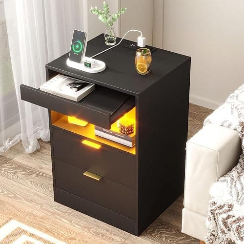 Yusong Night Stand, Bedside Table, LED Nightstand with Charging Station, Modern Night Stand, Wood Sofa Couch End Side Table with 2 Pull-Out Shelf (Black) thumbnail 8