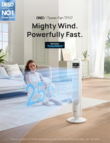 Dreo Tower Fan for Bedroom, 4 Speeds, 3 Modes Standing Fans for Room with 90° wide Oscillating, 28dB Quiet for Sleep, 25ft/s Velocity, 29ft Coverage, 8H Timer, Remote, Living Room, Office, Home, White thumbnail 2