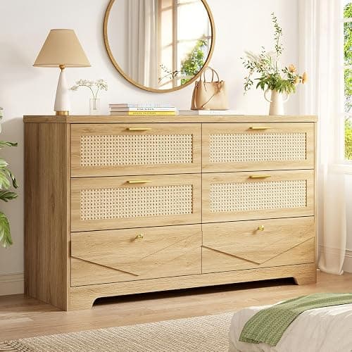 IBF Rattan Dresser for Bedroom, Wood Boho 6 Drawer Dressers, Large Dresser Chest of Drawers for Closet, Wide Clothes Storage Organizer with Deep Drawers for Living Room and Hallway, 51.2 Inch, Oak - Image 1