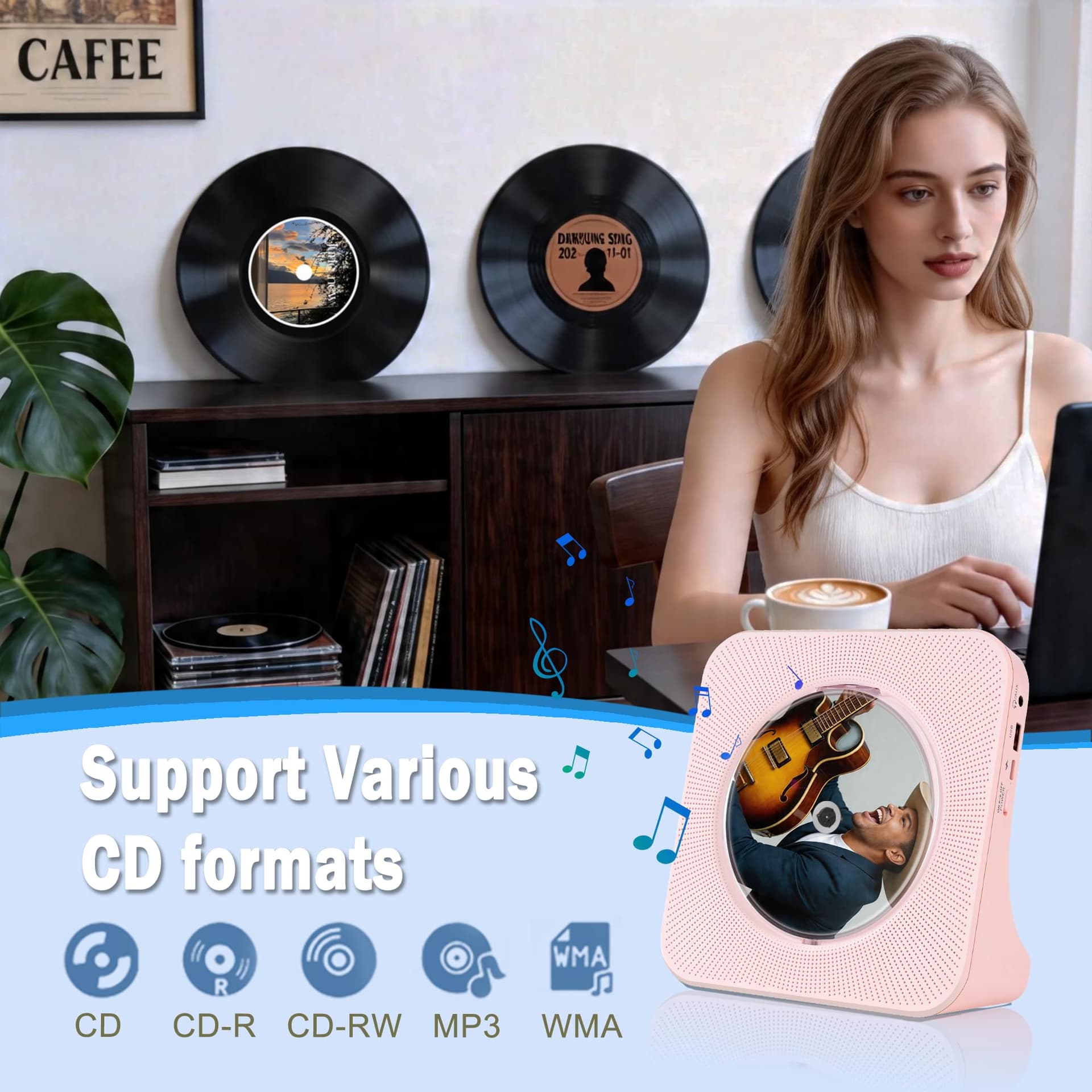 Pink CD Player Bluetooth, Portable Desktop CD Player with Speakers | Kpop Music Boombox with Bluetooth/FM Radio/AUX/USB Input, Timer Setting, LED Display, Small Cute CD Player Gift for Kids thumbnail 2