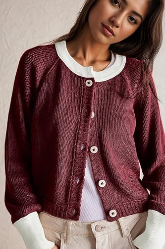 UNCLECAT Women's Cropped Cardigan Sweaters Fall Long Sleeve Open Front Cardigans Button Down Color Block Knit Outwear Coats thumbnail 3