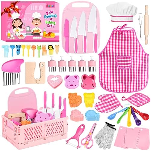 Kids Knife Set for Real Cooking: 48PCS Kids Kitchen Set, Kids Cooking Sets Real with Apron&Basket, Kid Kitchen Accessories, Toddler Baking Kitchen Tools, Montessori Toys for 3+ Year Old Birthday Gifts - Image 1