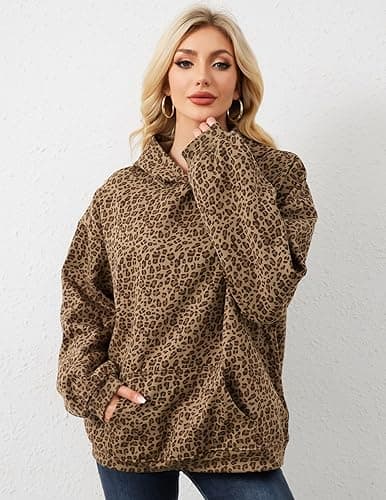 Eutten Womens Camo Hoodies Maple Leaf Print Oversized Hooded Sweatshirt Fleece Pullover Sweatshirts Long Sleeve with Pocket - Small - Leopard Khaki thumbnail 4