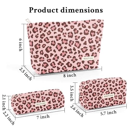Makeup Bag Set，3 Pcs Initial Makeup Bag, Corduroy Cosmetic Bag with Zipper Closure，Cute Make Up Bag Purses Pouch Travel Toiletry Bag for Women Girls Friend Personalized Gifts (Pink Leopard Print) thumbnail 2