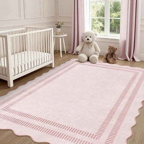 LORWER Pink Rugs for Bedroom Girls, 5x7 Washable Non Slip Area Rugs for Living Room, Soft Vintage Ultra-Thin Scalloped Carpet for Nursery Dorm Home Decor thumbnail 7