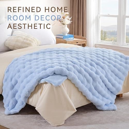 Smoofy Faux Fur Throw Blanket for Couch - Light Blue Super Soft Cozy Bubble Blanket, Fluffy Plush Fuzzy Throw for Sofa & Bed, Thick Lightweight Warm Blanket, Luxury Aesthetic Gift for Women 60"x80" thumbnail 8