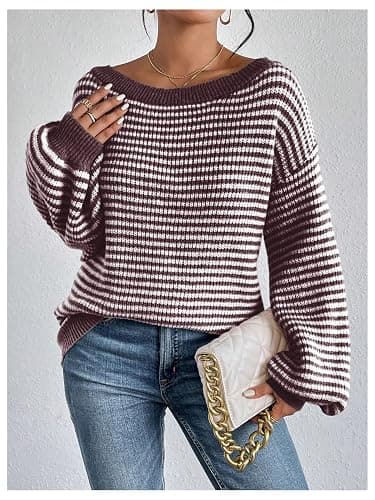 SOLY HUX Women's Off The Shoulder Striped Sweaters Oversized Long Sleeve Knit Pullover Tops thumbnail 5