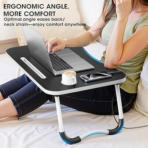 Frpufi Folding Lap Desk, 23.6 Inch Wood Laptop Bed Desk with Cup Holder, Portable Bed Table for Working Writing Reading & Eating for Bed, Sofa, Couch, Floor - Black thumbnail 4