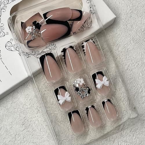 ROFIBUT French Tip Press on Nails Short Square Fake Nails with Bow Charms Designs Black White Zebra Print False Nails Cute Small Flowers Silver Star Nail Rhinestones Stick on Nails for Women 24Pcs thumbnail 5