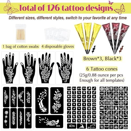 MuseLuxe 126 PCS Temporary Tattoos Stencils Kit,Temporary Tattoos Kit - 6 Pcs 2 Color(Brown Black) Ink with Gloves,DIY Body Art Painting for Women Men Adults Kids thumbnail 2