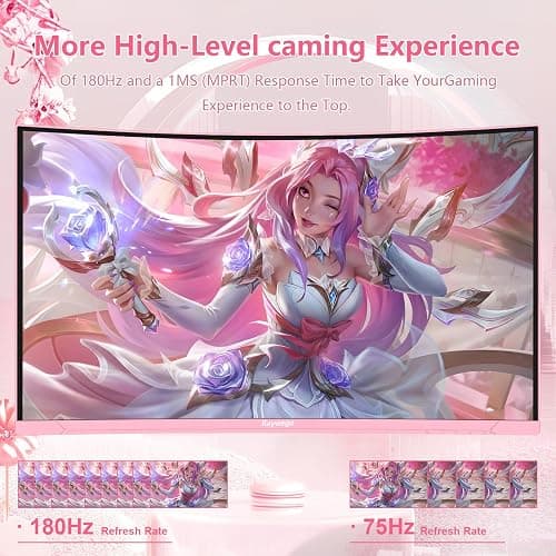 Raywego Pink 27 inch Curved Gaming Monitor 180Hz,FHD 1080P,1800R LED Display,Pink Computer Monitor,1ms (MPRT),FreeSync,Eye-Care Technology, DP, HDMI Port for Gaming Home Office,VESA(75mm*75mm) thumbnail 7