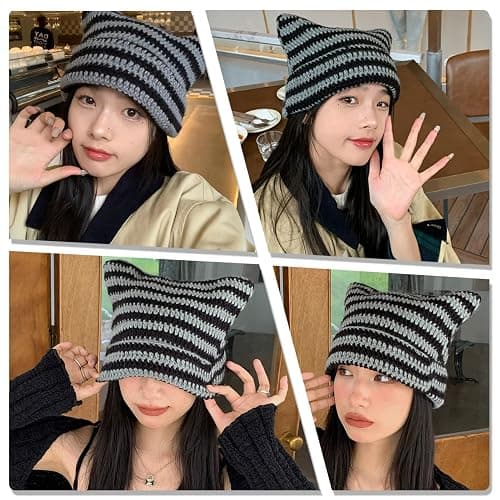 Crochet Hats for Women Y2k-Accessories Vintage Beanies Cat Beanie Fox Hat Grunge Accessories Knit Hat Winter Warm Little Devil Hats Slouchy Beanies for Women Girl thumbnail 3