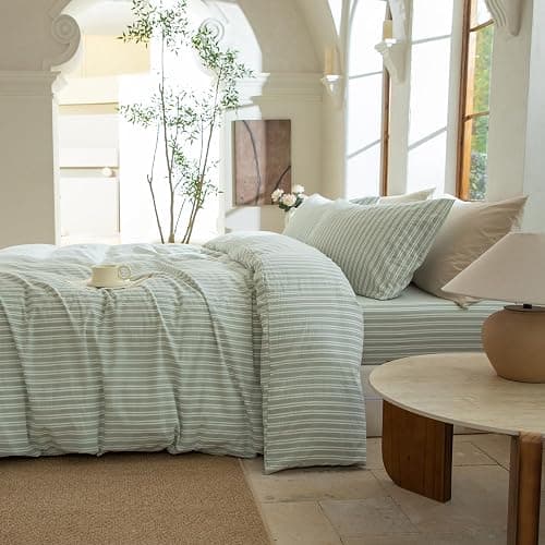 BESTDESIL Sage Green and White Striped Duvet Cover,100% Washed Cotton Breathable and Linen Like Bedding Set(Strip-Sage Green/White,Full Size) thumbnail 4