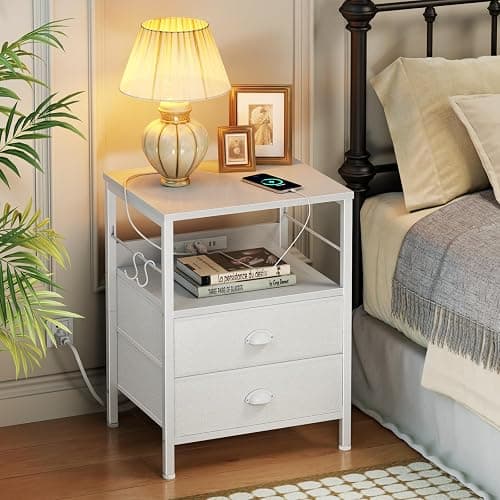 Furologee Night Stand with Charging Station, Bedside Table with Fabric Drawers, End Table with USB Ports & Outlets, White Nightstand with Storage Shelf & Hooks, for Living Room/Bedroom, White thumbnail 5