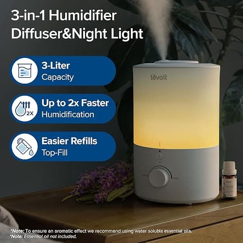LEVOIT Humidifiers for Bedroom with Night Light(3L Water Tank)Cool Mist Top Fill Essential Oil Diffuser for Baby Nursery and Plants, 360° Nozzle, Quiet, Rapid Humidification for Home Large Room, White thumbnail 2