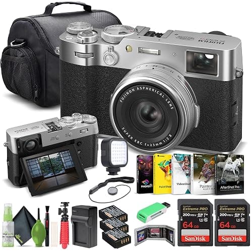 FUJIFILM X100VI Digital Camera (Silver) (16821822) + 2 x 64GB Card + Card Reader + 2 x NP-W126 Battery + Charger + LED Light + Photo Software + Carry Case + Flex Tripod + Memory Card Wallet + More - Image 1