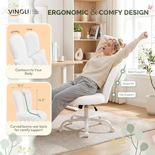 VINGLI Playful Rabbit Ear Swivel White Vanity Desk Chair with wheels&Bow Pillow,Cute Comfy Small Armless Adjustable Rolling Stool for Bedroom/Home Office,for Kids,Teens,Girls,Women,Adults,Teddy Fleece thumbnail 5