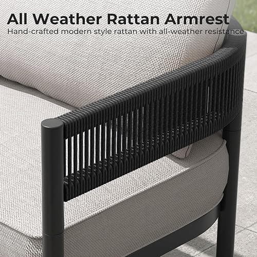 Gand Patio Outdoor 3-Seat Couch Sofa, Wicker Conversation Set with Thick Cushion for Porch, Garden, Yard, Beige thumbnail 5