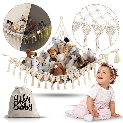 Abby Baby Extra Large Stuffed Animal Hammock with LED Lights 100% Natural Cotton Macrame Toy Storage Net for Plushies & Squishmallows Boho Macrame Corner Organizer for Kids’ Room or Nursery (Beige) thumbnail 3