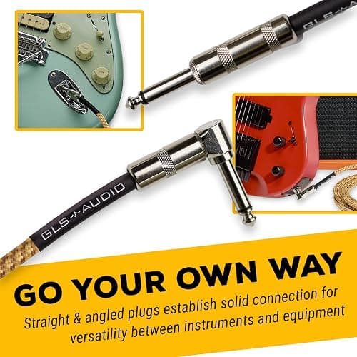 GLS Audio Instrument Cable - Amp Cord for Bass & Electric Guitar - Straight to Right Angle 1/4 Inch Instrument Cable - Brown/Yellow Braided Tweed, 20ft thumbnail 2