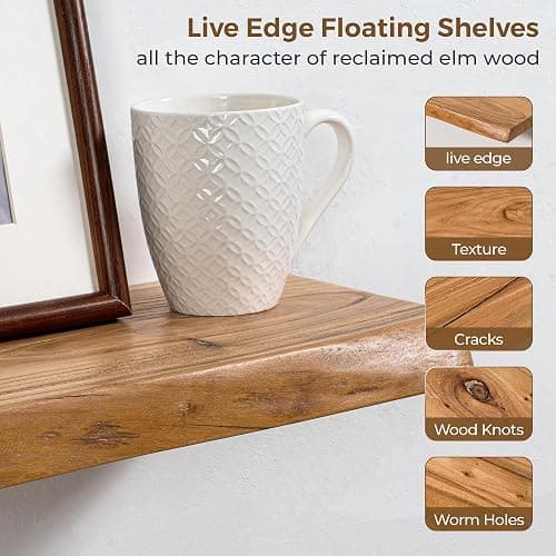 Axeman 36 inch Floating Shelves for Wall - 8'' D Live Edge Rustic Solid Elm Wood Floating Shelves Wall Mounted, Wall Shelves with Invisible Bracket for Living Room Bedroom Kitchen, Set of 2 Natural thumbnail 4