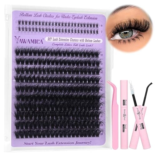 Yawmaica Lash Clusters Kit with Bottom Lashes Wispy Eyelash Extension Kit 200D Volume Eyelash Clusters 12-20mm D Curly Individual Lashes DIY Lash Extension Kit with Lash Bond and Seal Lash Tweezers - Image 1