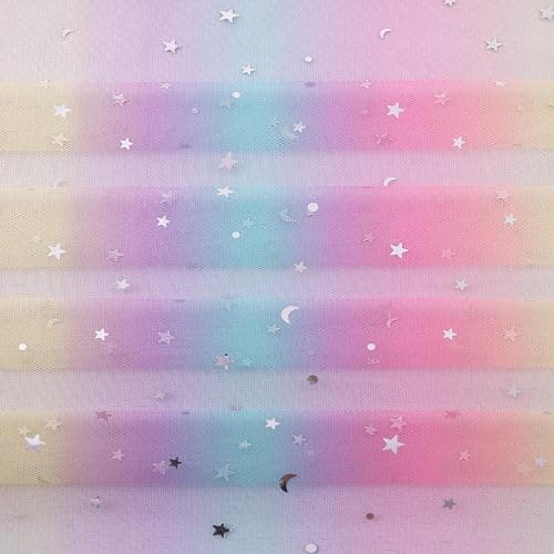 TuTive Iridescent Moon and Stars Gauze Table Runner 120 Inch 10FT Rainbow Tulle Silver Sequin Glitter Table Runner Colorful Dining Wedding Rainbow Birthday Decorations Unicorn Decor Holiday Home Party thumbnail 6