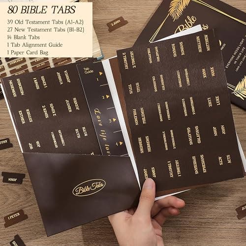 Woodgrain Texture Bible Tabs, 80 Pcs Chestnut Brown Gold Foil Index Tabs with Ruler - 66 Books Chapters & 14 Blank DIY Stickers, Bible Study Journaling Supplies, Nature-Inspired Gift Set for Men Women thumbnail 7