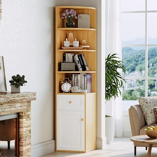 IRONCK Corner Bookshelf and Bookcase, 71" H Wooden Book Shelves 4 Tier with Drawers and Storage Cabinet for Living Room, Office, Bedroom, Oak and White thumbnail 8