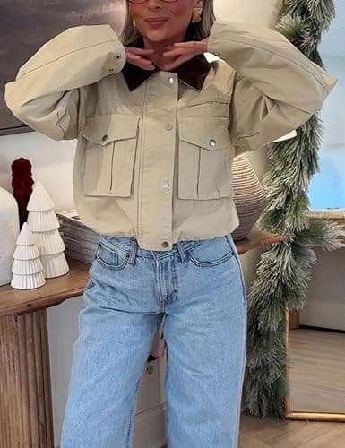 Megfie Womens Cropped Jacket Contrast Collar Utility Coat Cargo Jacket Barn Jacket Outwear with Pockets thumbnail 5